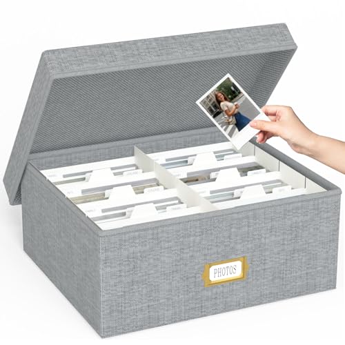 Decorative Photo Storage Box - Linen Photo Box Organizer with Dividers, Fits Holds Up to 1700 Pictures and 4x6 Photos, Memory Keepsake Organizer for Photos, Scrapbook Supplies, Cards, Stamps (Grey) - color: Grey, size: 4x6 (1 Pack)