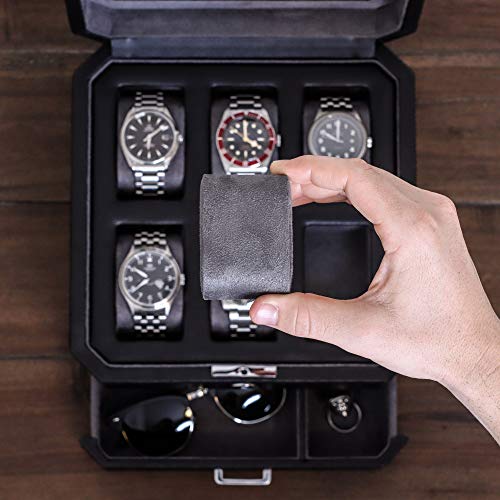 ROTHWELL 6 Slot Leather Watch Box with Valet Drawer - Luxury Watch Case Display Organizer, Microsuede Liner, Locking Mens Jewelry Watches Holder, Men's Storage Boxes with Large Glass Top (Black/Grey) - color: 6 Slot - Black / Grey