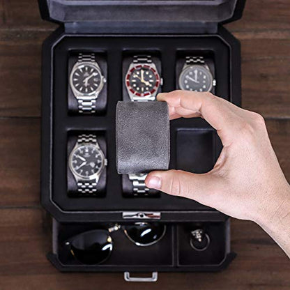 ROTHWELL 6 Slot Leather Watch Box with Valet Drawer - Luxury Watch Case Display Organizer, Microsuede Liner, Locking Mens Jewelry Watches Holder, Men's Storage Boxes with Large Glass Top (Black/Grey) - color: 6 Slot - Black / Grey