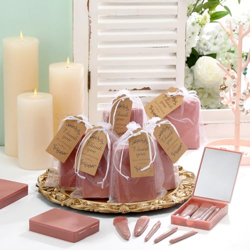 Funnymoom 12 Set Travel Makeup Brush Set Bulk with Mirror Mini Travel Makeup Brushes Thank You Cards and Organza Bag Bridesmaid Gift for Bachelorette Party Gift Wedding(Pink)