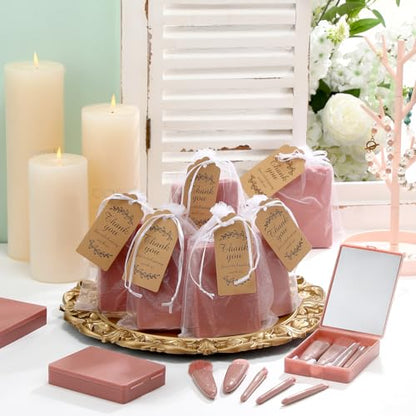 Funnymoom 12 Set Travel Makeup Brush Set Bulk with Mirror Mini Travel Makeup Brushes Thank You Cards and Organza Bag Bridesmaid Gift for Bachelorette Party Gift Wedding(Pink)