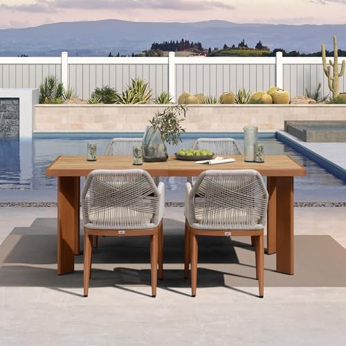 PURPLE LEAF 5 Pieces Patio Dining Set Aluminum Rectangular Table and Rattan Arm Chairs with Cushions for Kitchen Porch Garden Modern Outdoor Furniture Sets - color: Deep Teak-high Armrest, size: 5 PCS, style: Rectangular