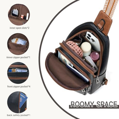 Leresas Sling Bag for Women Crossbody Fanny Cross Body Handbag Sling Purse Vegan Leather Trendy Gifts Travel Shoulder Bag Anti Theft Brown/Black - color: Brown/Black