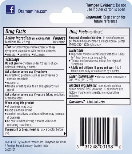 Dramamine Motion Sickness Relief Less Drowsey Formula, 8 Count (Pack of 2) - size: 8 Count (Pack of 2)
