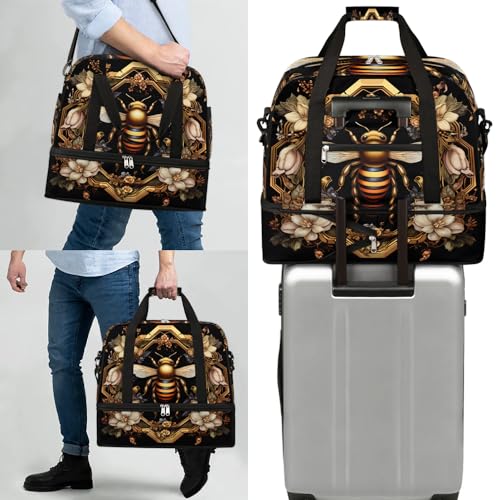Travel Duffle Bags With Shoes Compartment for Women Men Old Gold Bee Lightweigh Sports Tote Gym Bag Foldable Canvas Weekender Overnight Carry On Luggage Handle Bag - color: print 12