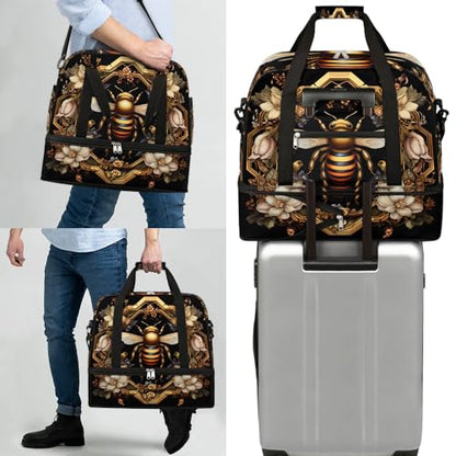 Travel Duffle Bags With Shoes Compartment for Women Men Old Gold Bee Lightweigh Sports Tote Gym Bag Foldable Canvas Weekender Overnight Carry On Luggage Handle Bag - color: print 12