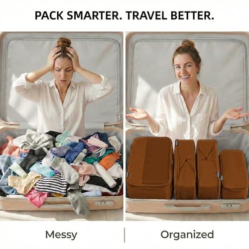 4 Piece Compression Packing Cubes for 3–7 Day Travel, Space Saving Travel Organizers with Breathable Mesh, Double-Zipper Packing Cubes for Carry-On & Suitcases (Brown) - color: Brown