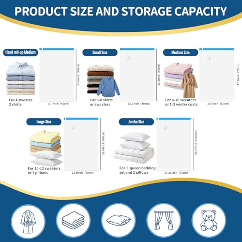 Vacuum Storage Bags with Electric Pump, 12 Pack | Stores Blankets & Comforters, 2 Jumbo 2 Large 3 Medium 3 Small 2 Roll-Up Bags, Electric Pump Included, Reusable Storage - size: 12 Combo