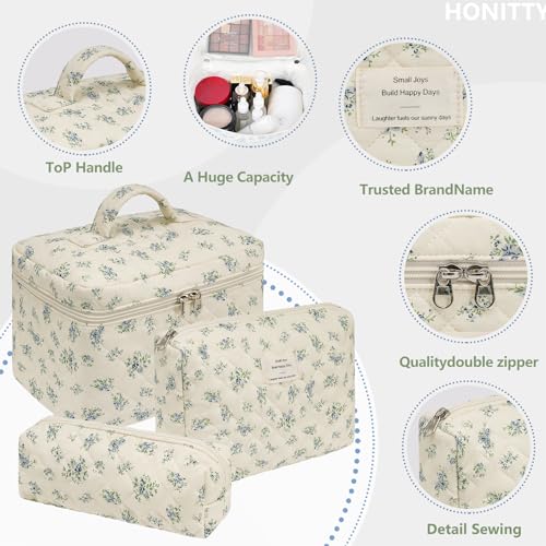 honitty Makeup Bag,Quilted Cosmetic Bags,Large Floral Make Up Organize bag,Makeup Bag Set for Women,Flower Travel Toiletry Bag - color: Blue flower