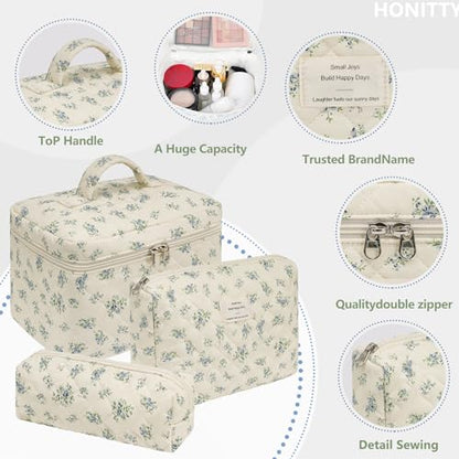 honitty Makeup Bag,Quilted Cosmetic Bags,Large Floral Make Up Organize bag,Makeup Bag Set for Women,Flower Travel Toiletry Bag - color: Blue flower