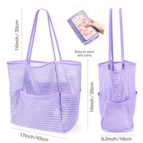 KPX Beach Bag with Mini Pocket, Summer Beach Tote Bags for Women Large Foldable Mesh Swimming Pool Travel Bags - Sandproof - color: Purple