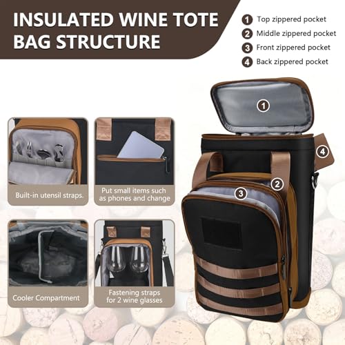 Rexmore Insulated Two Bottle Wine Tote Carrier, Tactical Cooler Bag with Secure Compartment & Adjustable Strap, Holds Glasses & Opener for Picnic, Beach, Travel & Parties - Gift for Wine Lovers