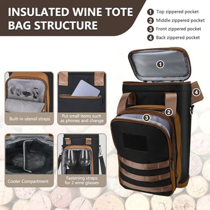 Rexmore Insulated Two Bottle Wine Tote Carrier, Tactical Cooler Bag with Secure Compartment & Adjustable Strap, Holds Glasses & Opener for Picnic, Beach, Travel & Parties - Gift for Wine Lovers