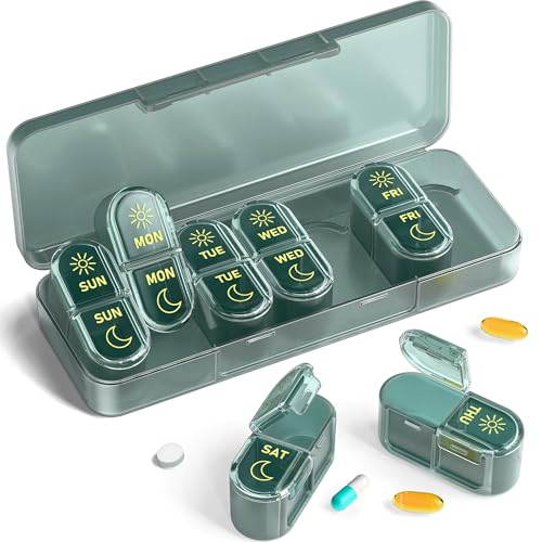 Pillex Pill Organizer 2 Times a Day, AM PM Pill Box 7 Day, Weekly Medicine Organizer with Large Capacity, Travel Pill Case for Medication, Vitamins, Fish Oils, Supplements (Easy to Use, Portable) - color: Green