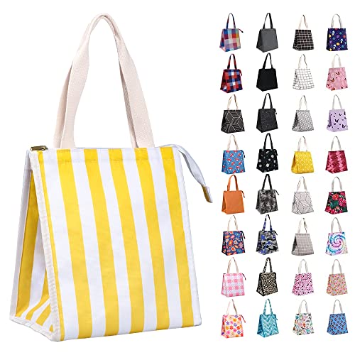 iknoe Insulated Lunch Bag for Women & Adults, 9L Foldable Wide-Open Cooler Bag with Pockets, Leakproof & Portable, for Picnic, Office, Beach(Yellow stripe) - color: Yellow stripe, size: Zipper Closure