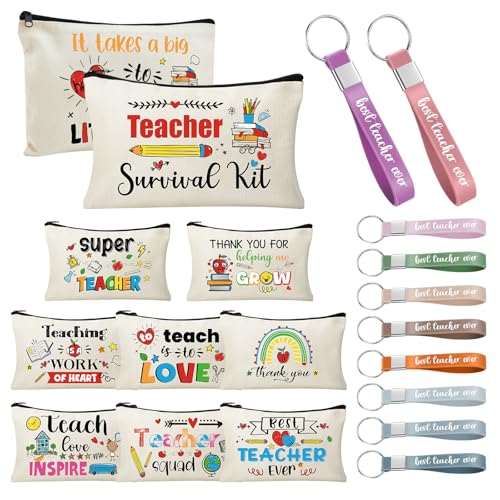 60pcs Teacher Appreciation Gifts Set，Teacher Survival Kit Canvas Makeup Bags for Women, Silicone Keychain Pouch Cosmetic Bag Travel Toiletry Bag for Thank You Gift - style: Teacher 60pcs