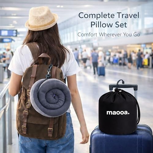 Travel Pillow with Eye Mask Earplugs Kit set, Memory Foam Neck Pillow with 360 Support, Stuffable Travel Pillow with Bag, Office Nap Kit, Luggage Saver Fillable Pillow, Best for Car, Flight, Train