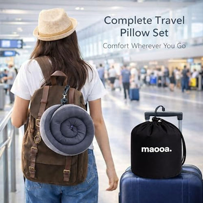 Travel Pillow with Eye Mask Earplugs Kit set, Memory Foam Neck Pillow with 360 Support, Stuffable Travel Pillow with Bag, Office Nap Kit, Luggage Saver Fillable Pillow, Best for Car, Flight, Train