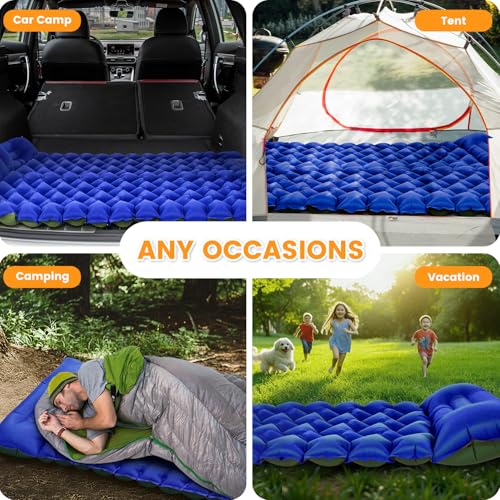 4-Inch Inflatable Camping Sleeping Pad with Built-in Foot Pump & Pillow, Side Sleeper Support, Stays Firm Overnight, Compact for Backpacking, Car Camping & Outdoor Gatherings - color: Royal Blue+green