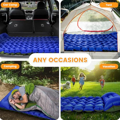 4-Inch Inflatable Camping Sleeping Pad with Built-in Foot Pump & Pillow, Side Sleeper Support, Stays Firm Overnight, Compact for Backpacking, Car Camping & Outdoor Gatherings - color: Royal Blue+green