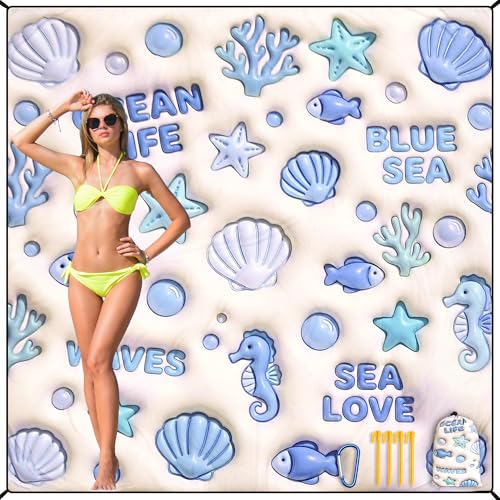 HIHOHO Beach Blanket Waterproof Sandproof Mat, 3D Ocean, 79"×83" (4 Person) | Quick Drying, Durable, For 1-8 Adults, Outdoor Picnic Mat, Beach Festival Travel Camping Hiking - color: 3d Ocean, size: 6'11" x 6'7"
