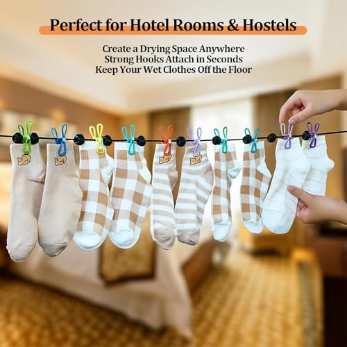 Travel Clothesline Retractable Portable Clothesline with 12 Clips Portable Elastic Camping Clothes Line with Anti-Slip Beads & Stainless Hooks for Hotel, RV, Boat, Outdoor Use (2 Pack) - size: 2 Pack