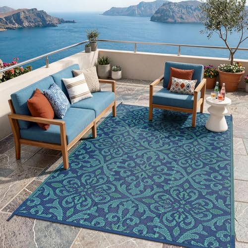 Lahome Navy Blue Outdoor Patio Rug Waterproof 6x9, Plastic Straw Rug Reversible Indoor Outdoor Carpet Floor Decor,Large Portable Outside Camping Mats for Balcony Deck Tent, Deep Blue 6x9 - color: Deep Blue, size: 6' x 9' (Rectangular)