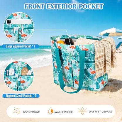 HUANLANG Large Beach Bags for Women Pool Bag with Zipper, Waterproof Sandproof Beach Tote Travel Bag with Wet Pocket - color: Green Forest Flamingo