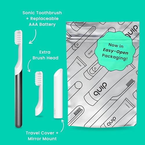 Quip Sonic Toothbrush for Adults with Timer - Includes Extra Brush Head and Travel Cover Mount - Electric, Soft Bristle Refill Head, Metal Handle, 3 Month Battery Life - Travel Toothbrush - Slate - color: Slate