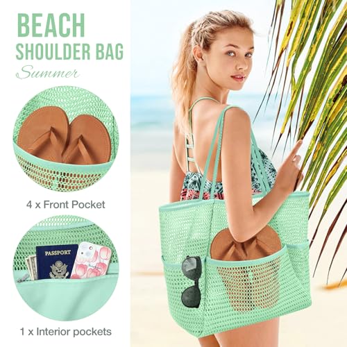 KPX Beach Bag with Mini Pocket, Summer Beach Tote Bags for Women Large Foldable Mesh Swimming Pool Travel Bags - Sandproof - color: Mint