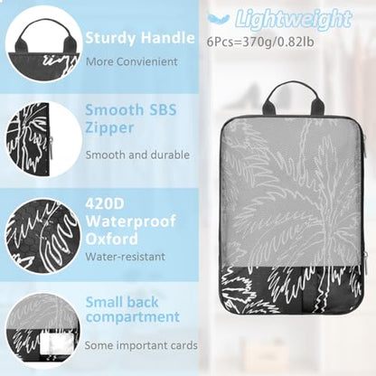 Tropical Palm Tree Travel Packing Cubes Set (7 Piece) - Essential Bag for Clothes Shoes Cosmetics Toiletry - Perfect Business Trip Accessories - color: Black-6