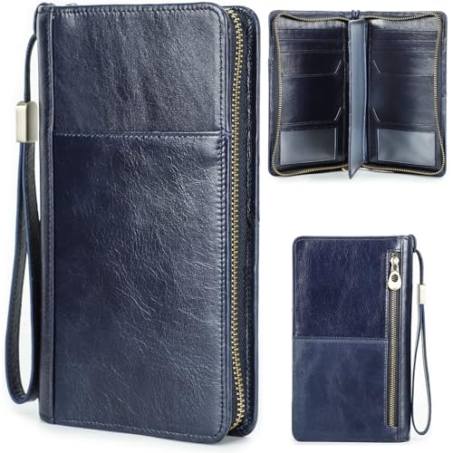 Top Grain Leather Travel Passport Wallet Holder for Man & Woman, Handmade with Three-Layer for 4 Passports & Multi Cards, RFID Blocking Large Capacity for Cards/Passports/Tickets, Blue - color: Classic-Glossy Blue, size: For 4 Passports-Zipper Style