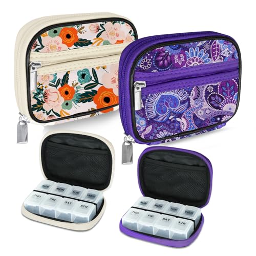 Serfeymi Weekly Travel Pill Organizer Pill Case for Purse with Removable 7 Day Pill Box, Fashionable Travel Medicine Organizer Pill Container for Medicine, Vitamin, Supplement - Bloom 01 + Purple 01 - color: C. Bloom 01 + Purple 01, size: 2 Cases + 2 Boxe