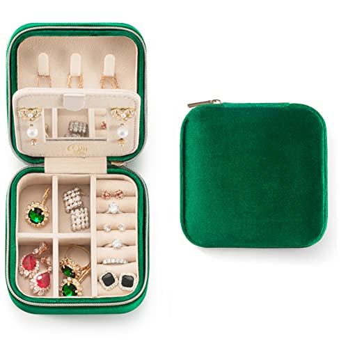 ZPROW Plush Velvet Travel Jewelry Case, Organizer, Box, Small Case for Women, Earring Organizer with Mirror - Emerald Green - color: Velvet 1 Pack - Emerald Green