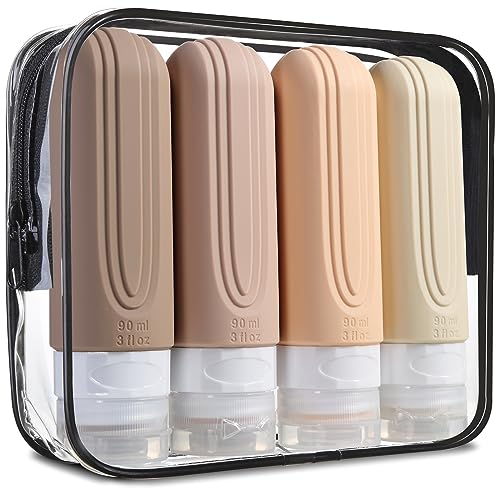 Mrsdry Travel Bottles for Toiletries, Tsa Approved 3oz Travel Size Containers BPA Free Leak Proof Refillable Liquid Silicone Squeezable Travel Accessories for Shampoo Conditioner Lotion (4 Pack) - color: Cream
