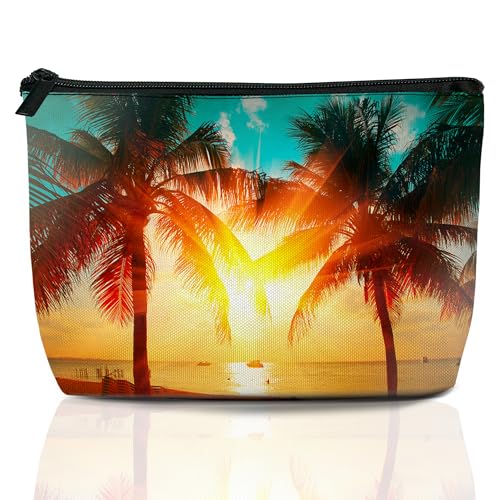 Tropical Palm Tree Makeup Bag Travel Cosmetic Bag for Women,Beach Sunset Small Make up Pouch Travel Bags for Toiletries Aesthetic Accessories Waterproof Gifts - color: Tropical Palm Tree