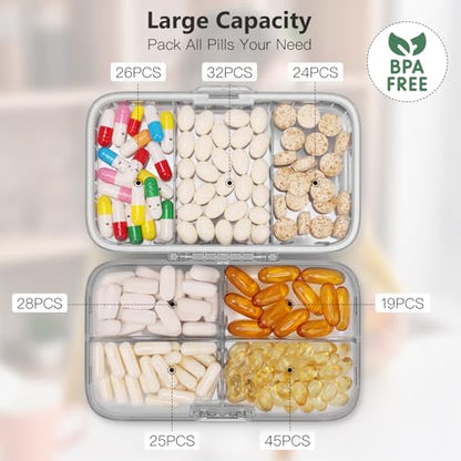 FYY Weekly Pill Organizer with Labels,8 Compartments Travel Daily Pill Case Airtight Moistureproof Large Pill Box to Hold Vitamins, Fish Oil, Supplements,Cotton Swab and Bandages-Grey - color: Grey