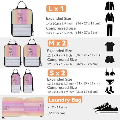 Custom 6 Set Compression Packing Cubes for Travel, Personalized Lightweight Luggage Organizer Bags with Name & Birth Flower, Expandable Large Expandable Packing Organizer, April Gradient - color: Rainbow