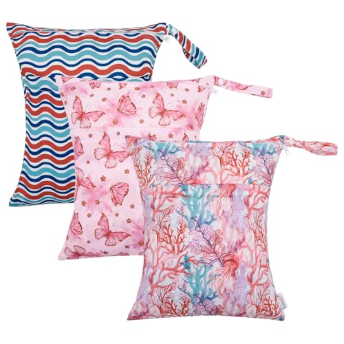 ALVABABY 3pcs Cloth Diaper Wet Dry Bags Waterproof Reusable with Two Zippered Pockets Travel Beach Pool Daycare Soiled Baby Items Yoga Gym Bag for Swimsuits or Wet Clothes 3L-ZM19A - color: Waves butterflies corals