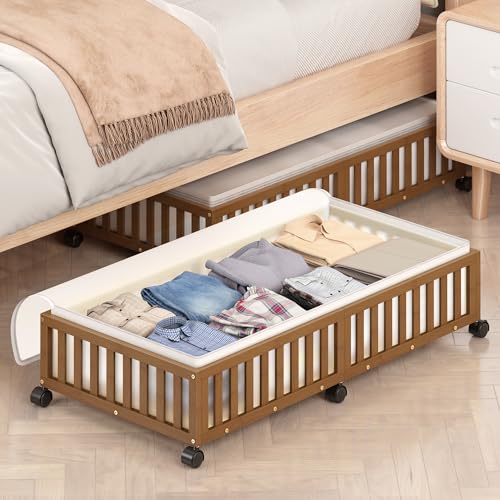 Bamboo Under Bed Storage Containers with Wheels, 2 Pack Large Under the Bed Shoe Storage Bins, Wood Rolling Underbed Drawers Organizer for Bedroom Closet Clothes Blanket Under Crib Toy Walunt - color: Brown, size: 2 PCS (33.07"×16.54")