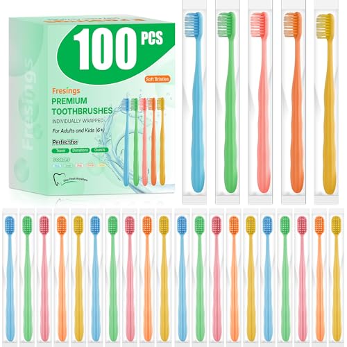 100-Pack Premium Bulk Disposable Toothbrushes, Individually Wrapped, Soft Bristles, Peanut Grip Handle for Travel, Guest Bathroom, Hotel & Emergency Kits, Family, Kids & Adults, Single Use - size: 1 Count (Pack of 100)