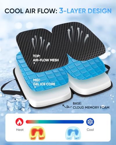 Gel Memory Foam Cushion for Office Chairs and Car Travel | Cooling Gel Layer, Foldable Portable, Non-Slip Bottom, For Office Chair, Car Seat, Travel