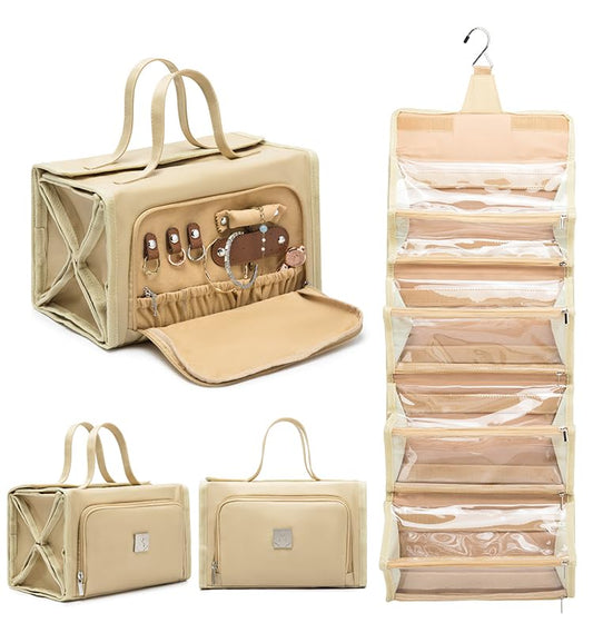 ROYALFAIR Roll Up Makeup Bag, Travel Toiletry Bag for Women with 4 Clear TSA Approved Pouches, Hanging Travel Organizer, Folding Cosmetic Bag for Men and Women (khaki) - color: khaki