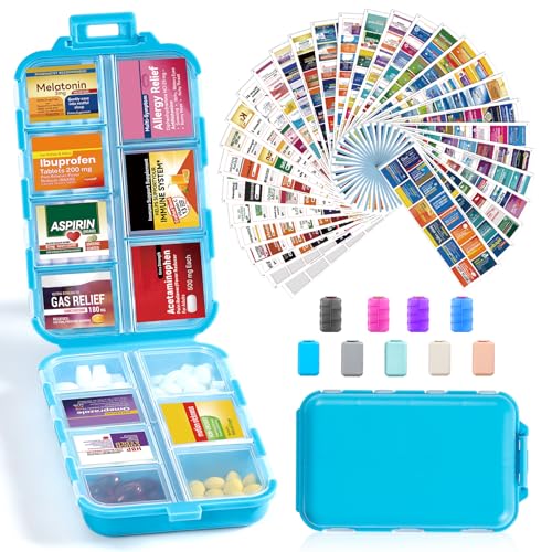 14 Grids Travel Pill Organizer Box with 415-Pcs Medicine Name Labels - Pocket Daily Pharmacy Case Container Kit - Travel Medication Holder Dispenser for Fish Oil Vitamin Supplement Storage - Blue - color: Blue, size: with Bulk Med Labels