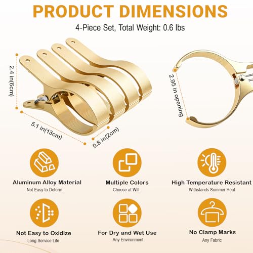 4 PCS Extra Large Beach Towel Clips,5.1 Inches Heavy Duty Aluminum Alloy + Stainless Steel Clip for Chairs,2.95 Inch Opening,Portable Windproof Cruise Ship Essentials,for Laundry,Camping and Travel - color: Gold