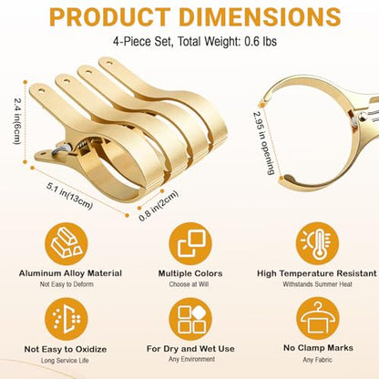 4 PCS Extra Large Beach Towel Clips,5.1 Inches Heavy Duty Aluminum Alloy + Stainless Steel Clip for Chairs,2.95 Inch Opening,Portable Windproof Cruise Ship Essentials,for Laundry,Camping and Travel - color: Gold