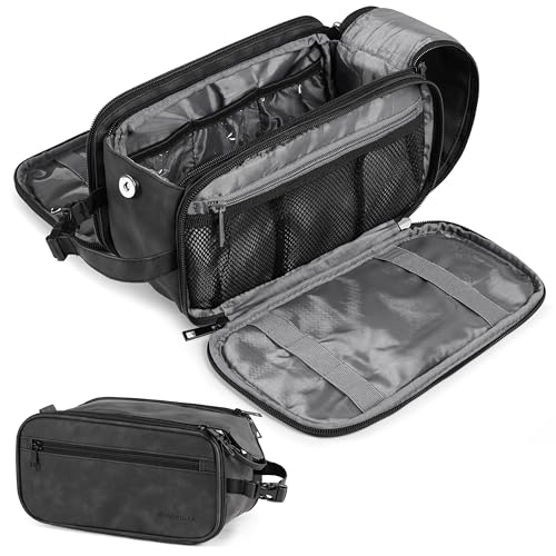 PAVILIA Toiletry Bag for Men, Hanging Travel Dopp Kit Organizer, PU Leather Water Resistant Bathroom Bag for Shaving Grooming, Large Capacity Cosmetic Bag Travel Essentials, Black - color: Black, size: Extra Large (12.5x6x7)