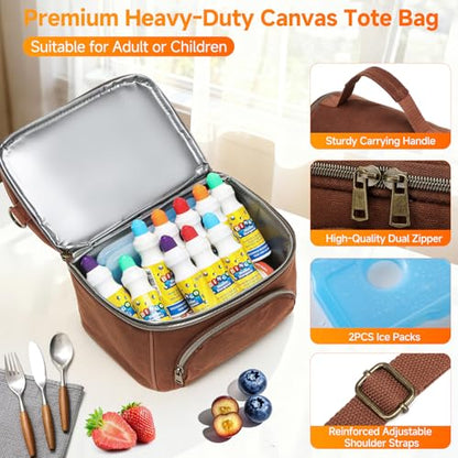 Waxed Canvas Lunch Bag with 2 XL Ice Packs, Canvas Lunch Box, Lunch Cooler for Men Work, 10.5L 2 Compartments Insulated Leakproof Cooler Bags for Camping, Beach and Road Trips - color: Rustic Brown