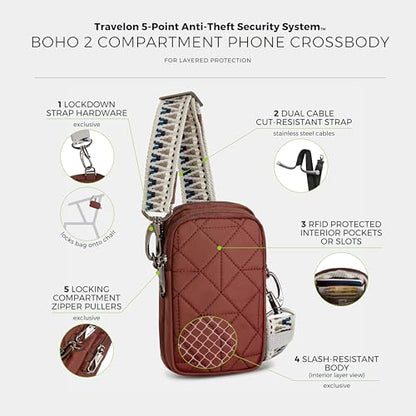 Travelon Anti-Theft Boho 2 Compartment Phone Crossbody - color: Paprika