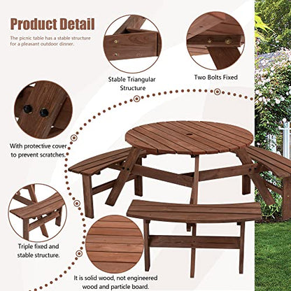 6 Person Circular Outdoor Wooden Picnic Table Sets for Patio Backyard Garden DIY w/ 3 Built-in Benches 1720lb Capacity,Brown - color: Brown-6-round